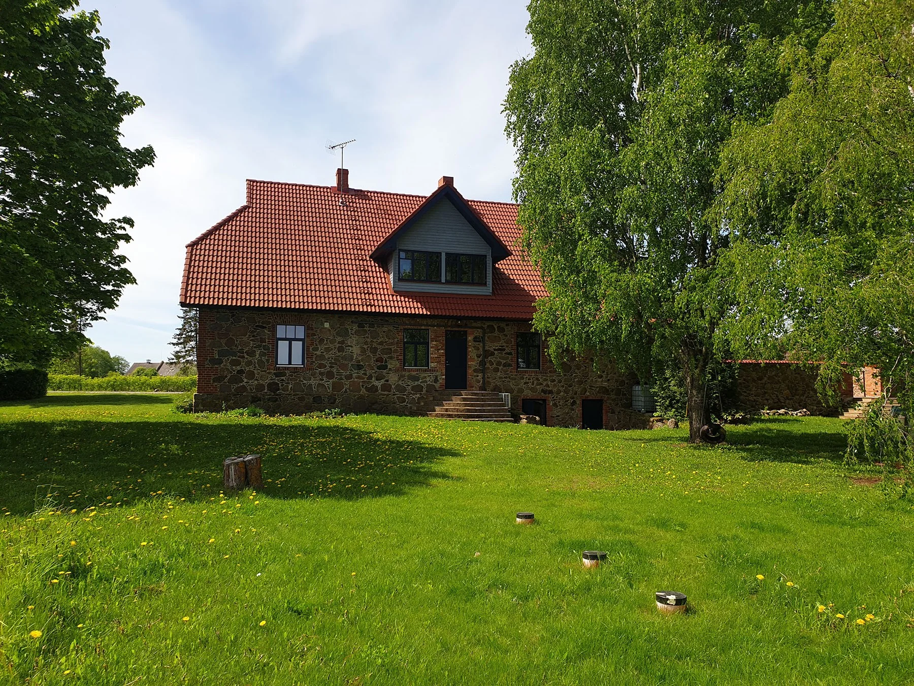 Summer yard of the holiday house with large park trees