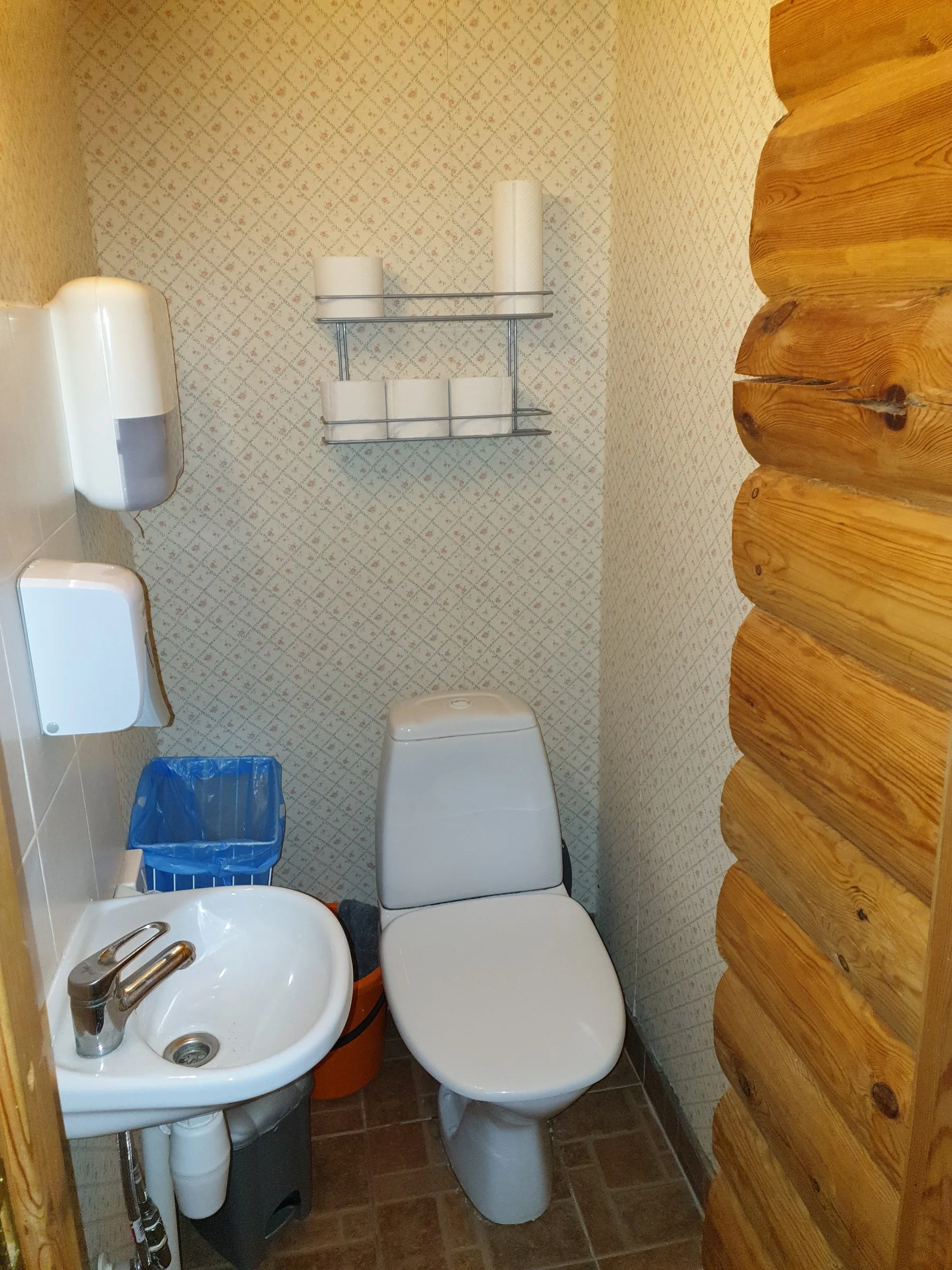 WC and washbasin by a log wall